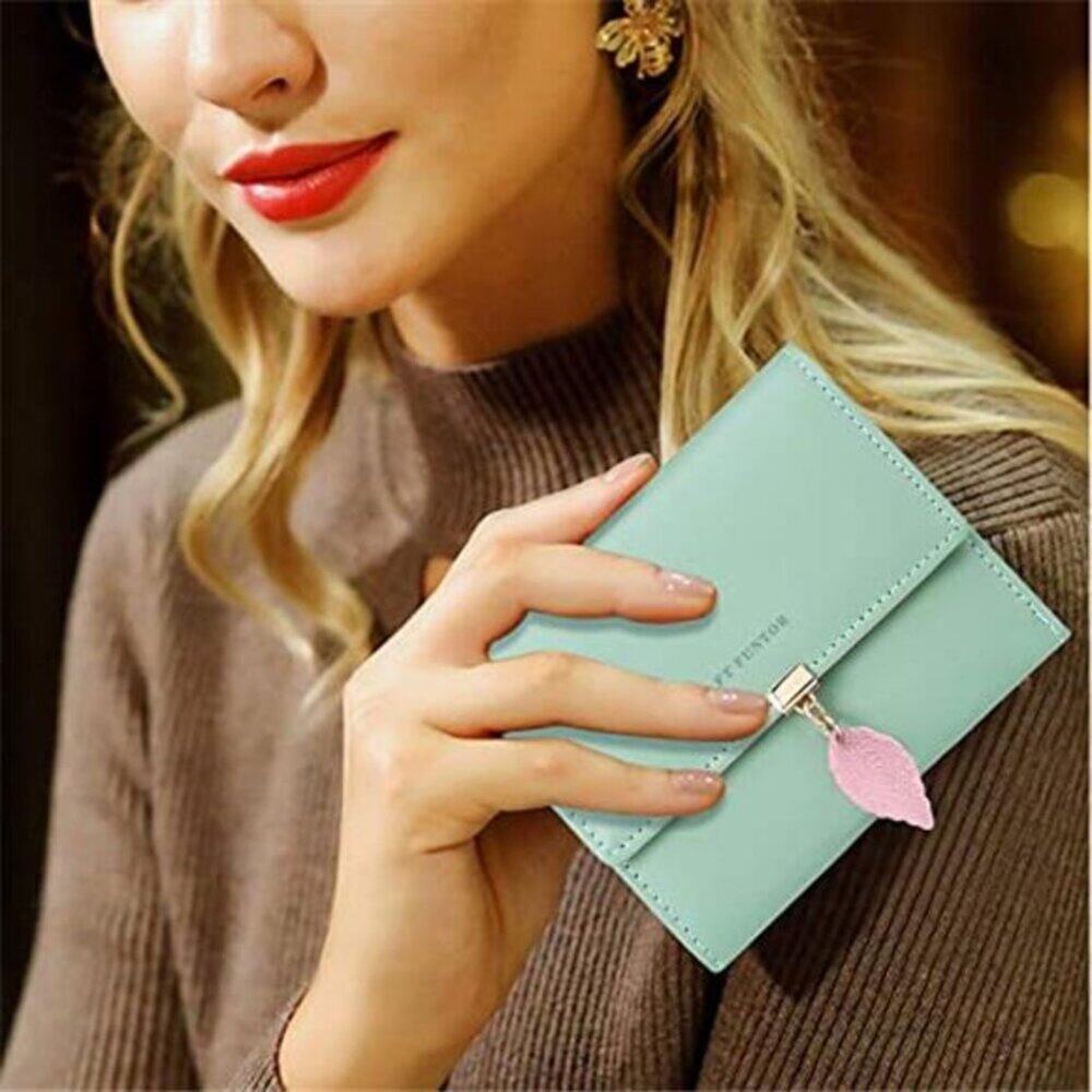 RFID Light Blue Wallet Leaf Card Holder Trifold Ladies Wallet with Zipper Pocket